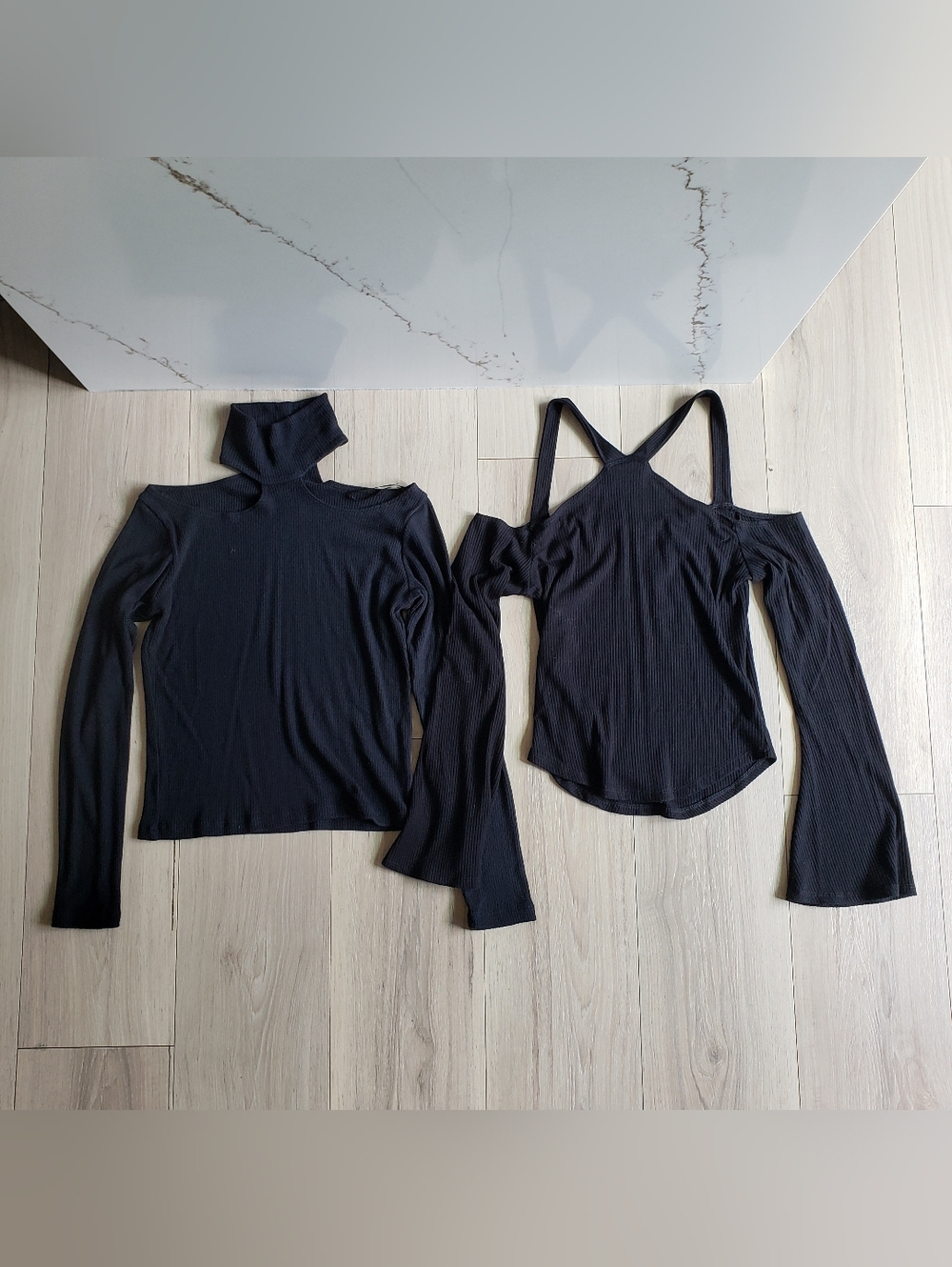 Women’s Black Ribbed Long Sleeve Tops – Cold Shoulder & Turtleneck Styles